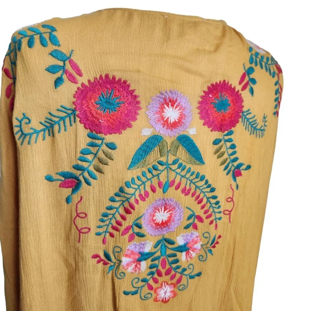 Umgee Mustard Yellow‎ Floral Embroidered Kimnono Cardigan Sz S/M Boho Cottage - Picture 6 of 15